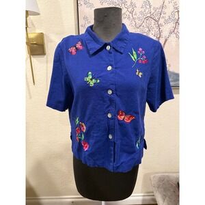 Ultra Dress New York Blue Linen Blend Butterfly Embroidered Button Up‎ Shirt 12